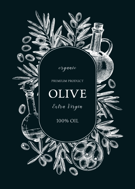 Olive oil wreath design on chalkboard. Hand-drawn vector illustration. Olive tree branches, glass bottle, olives sketches. Italian food ingredient. Vegetable oil background